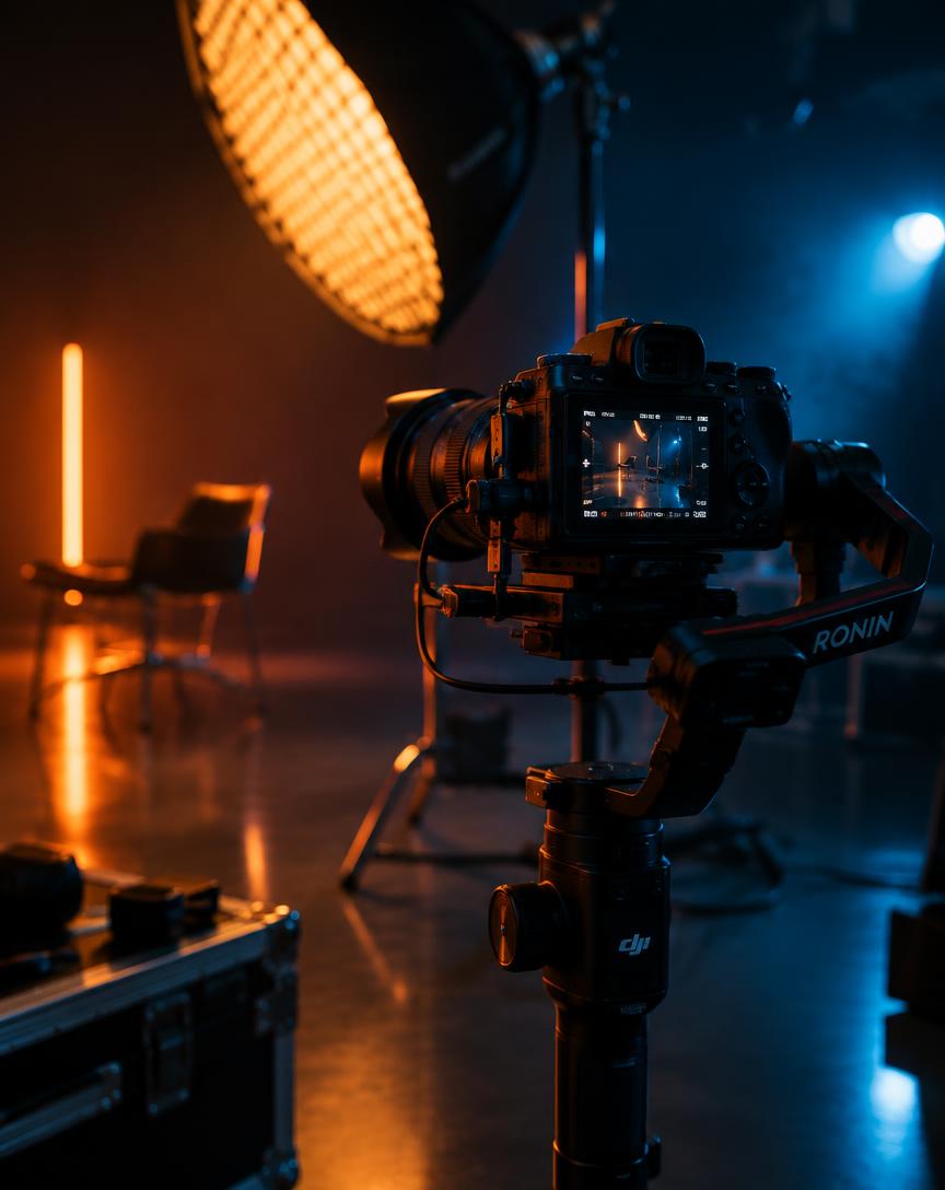 Cinema camera on a gimbal in a studio lit with orange and blue light
