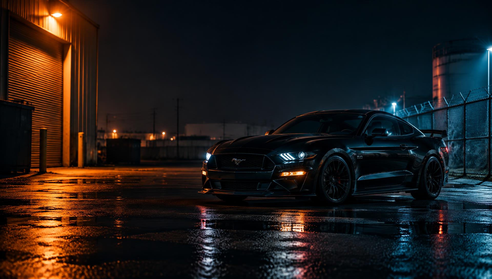 Cinematic night photograph of a black custom sports car lit by orange and blue lights