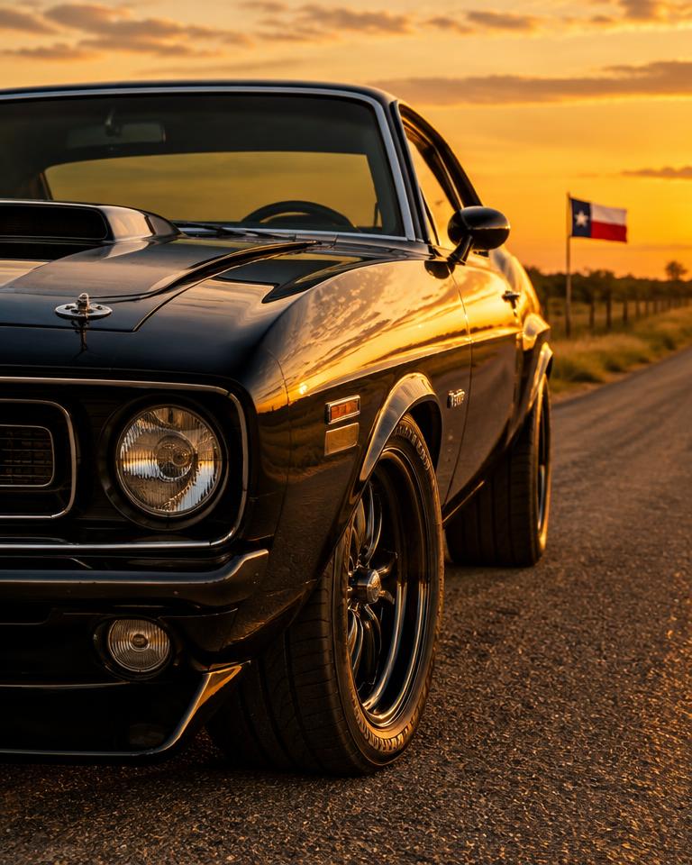 Black custom muscle car at golden hour on a Texas road