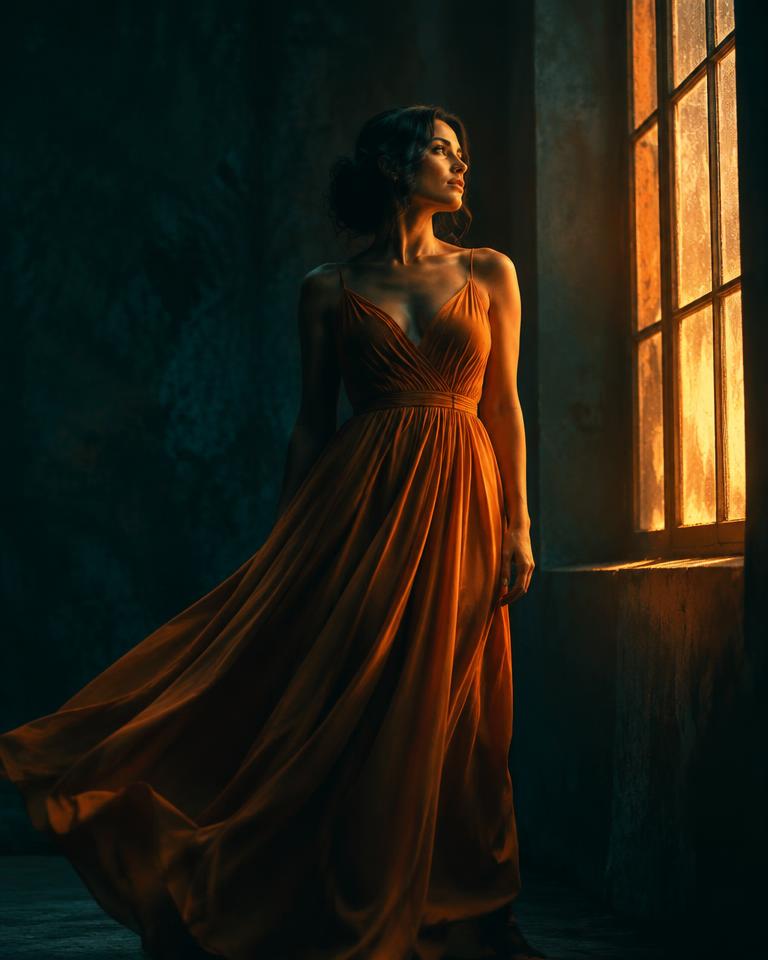 Woman in a flowing dress lit by a single window, cinematic style