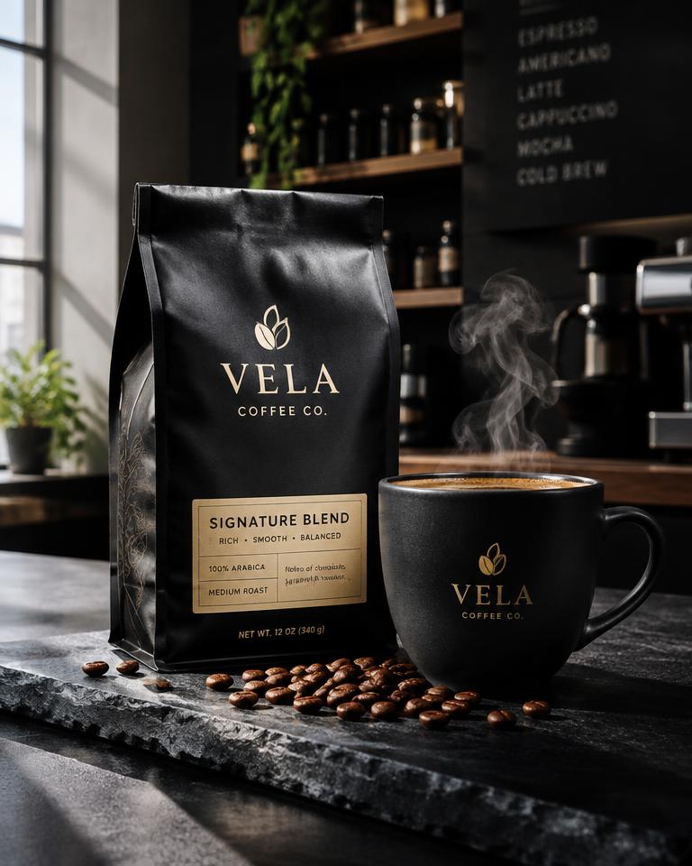 Coffee brand product photo on a dark slate counter