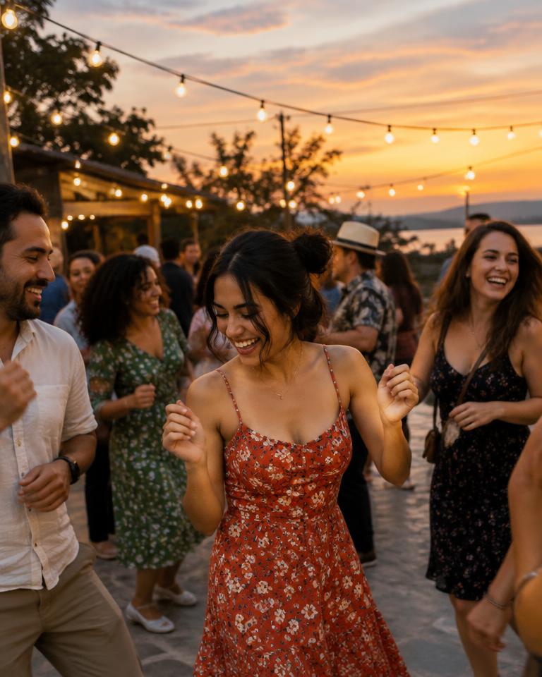 Guests dancing at an outdoor celebration under string lights