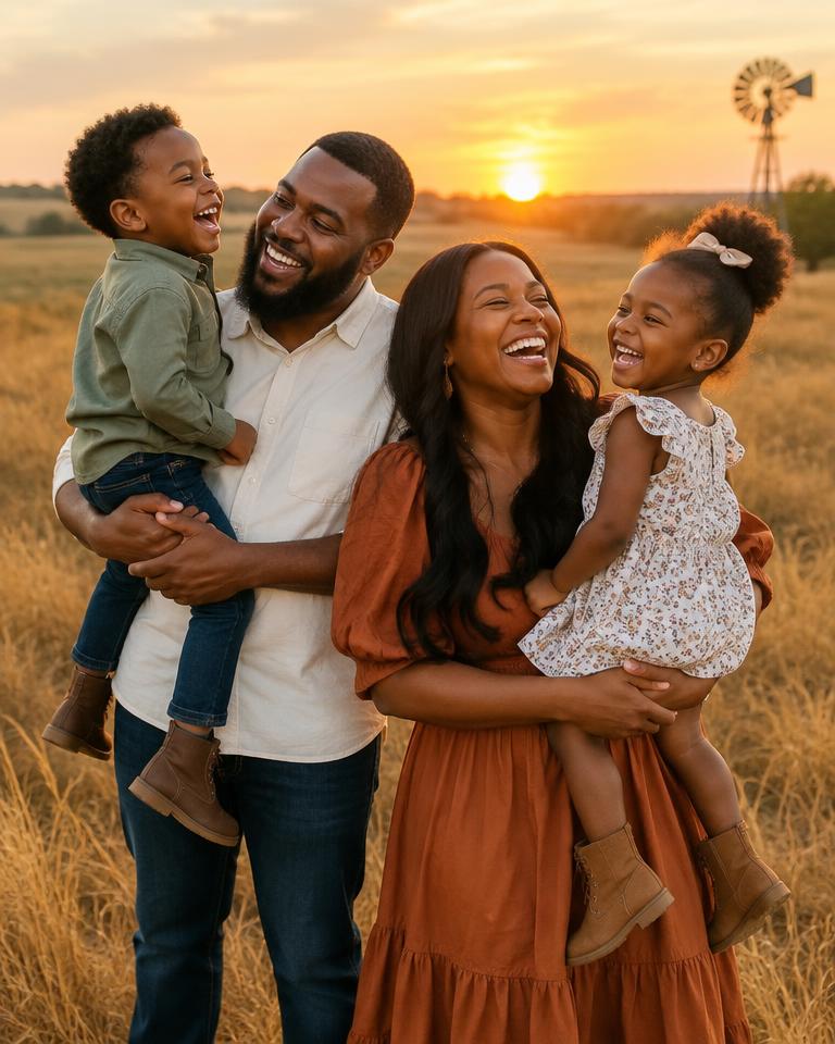 Family of four laughing together in a golden field at sunset