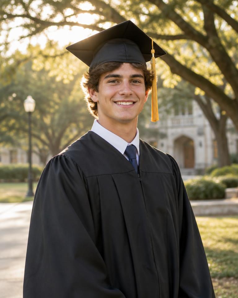 Graduate in cap and gown smiling on a tree-lined campus