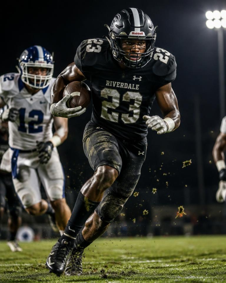 Football running back in action under stadium lights